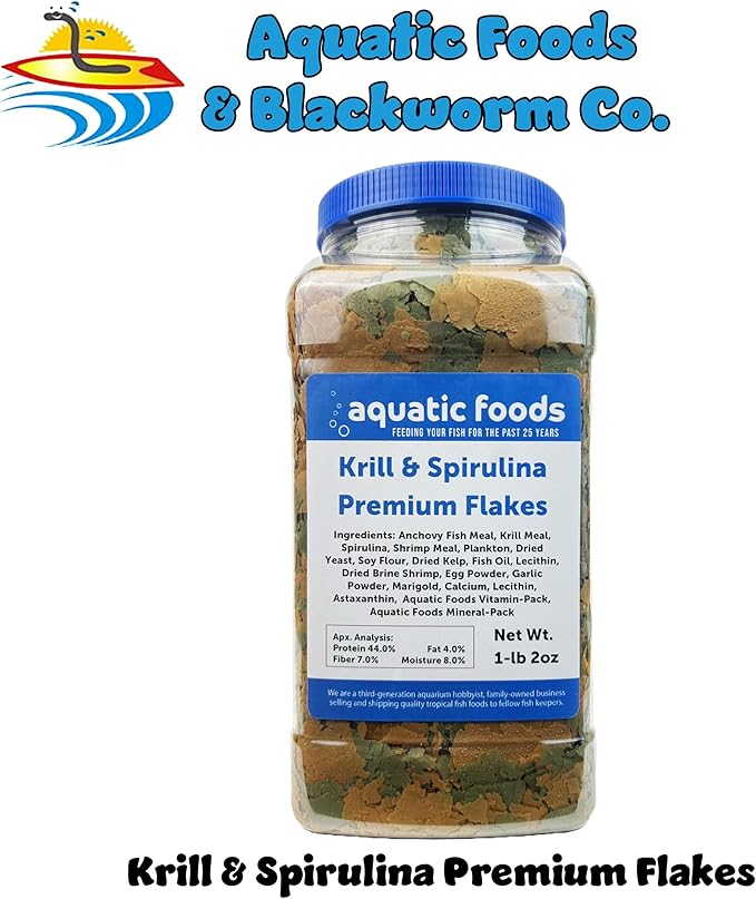 Aquatic Foods Inc. Premium Krill & Spirulina Flakes for Cichlids, Discus, Angels, Tetras, Guppies, Koi, Goldfish, All Tropical Fish Also Pellet Mix, Wafer Mix Included…1-lb 2oz