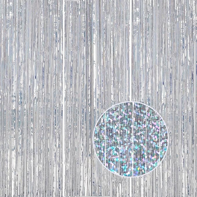 3 Pack Foil Fringe Backdrop - Laser Silver Shiny Tinsel Curtains for Party Decoration/Photo Booth Props - 3.3x8.2 FT Metallic Foil Backdrop for Birthday, Wedding, Graduation, Christmas.