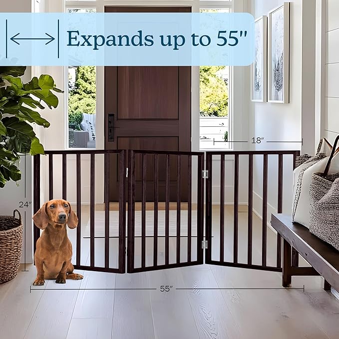 3-Panel Indoor Foldable Dog Fence for Stairs, Hallways, or Doorways - 54x24-Inch Wood Freestanding Dog Gates by PETMAKER (Brown)