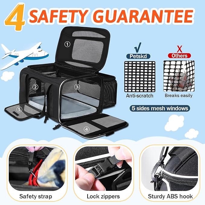 Petskd Top and Side Expandable Pet Carrier 18x13x9.5 Inches Southwest Airline Approved, Soft-Sided Carrier for Small Cats and Dogs with Locking Safety Zippers and Anti-Scratch Mesh(Black)