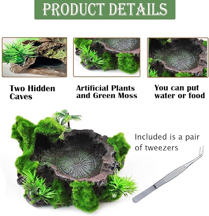 kathson Resin Reptile Bowl Bearded Dragon Food Dish Lizard Water Dish Reptiles Feeding Bowls with Feeder Tweezer for Leopard Gecko Tortoise Chameleon Water Frog Hermit Crab