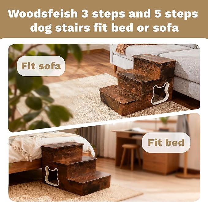 Dog Stairs for Large Dogs,Wooden Dog Steps for High Bed,24.4" Non-Slip Pet Stairs Up to 180LB,Pet Ramps for Small Medium Large Pet (Tiger, Small, 3)