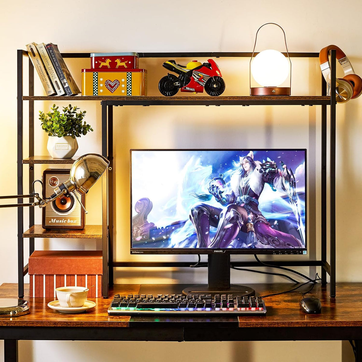 IBUYKE Desk Shelf,Computer Desktop Bookcase,37.8 Inch Multipurpose Wood Desk Hutch Bookshelf for Computer,4 Tier Desk Organizer for Office Home Dormitory,Brown TMZ005H
