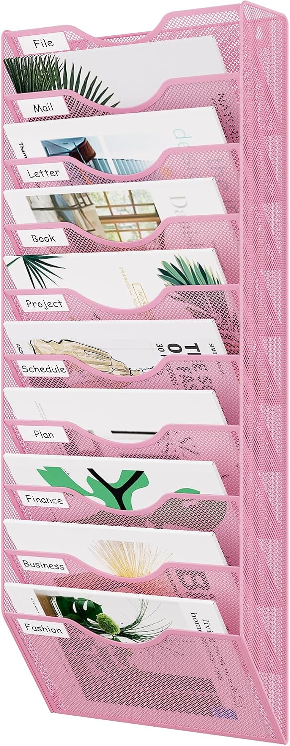 EasyPAG 10 Pocket Mesh Wall File Organizer, Hanging Paper Folder Holder with Classify Label, Vertical Wall Mount Mail Organizer for Office Home Classroom, Pink