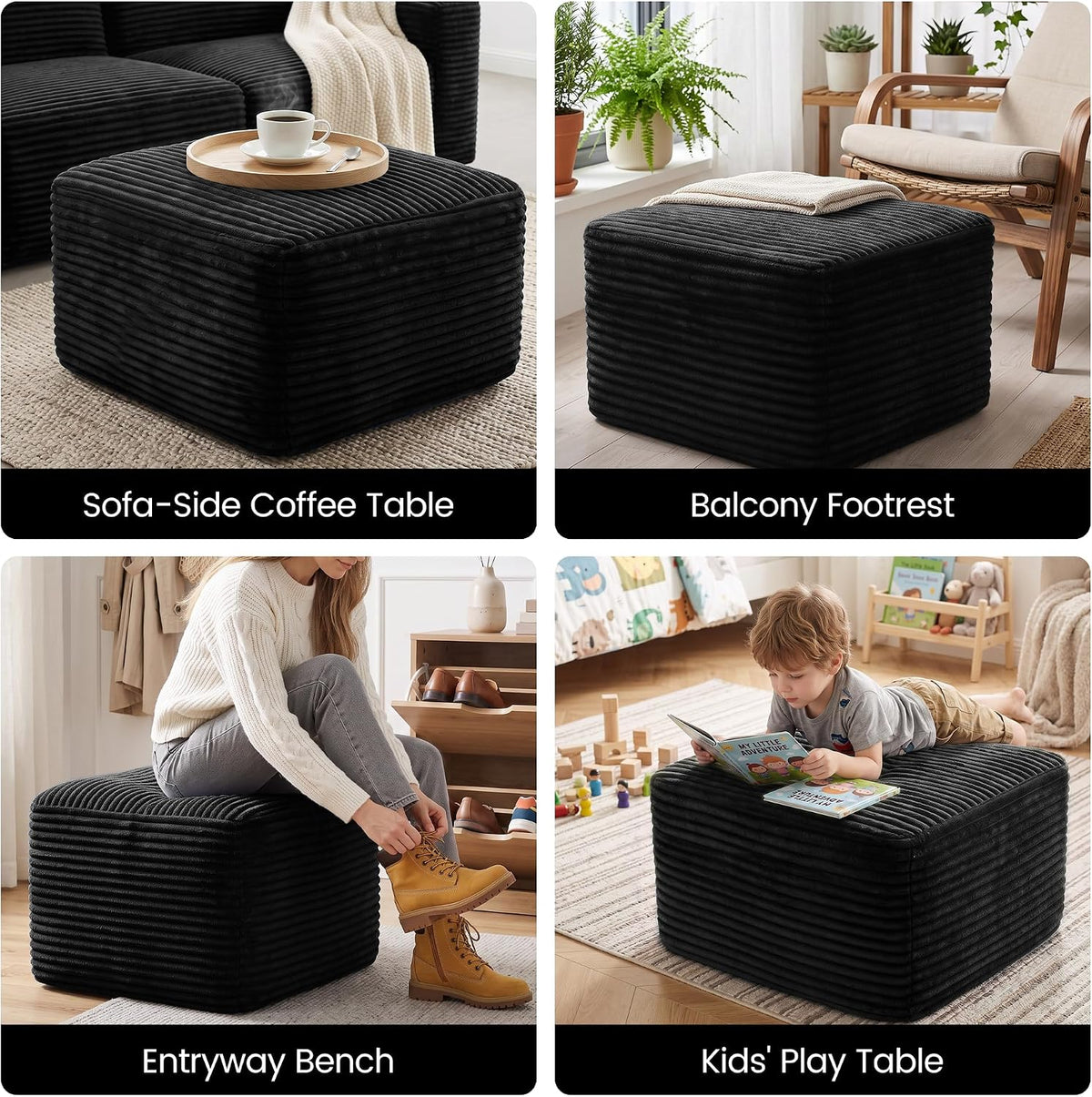 Boneless Ottoman, 27.6" Corduroy Ottoman Footrest for Boneless Couch, Black