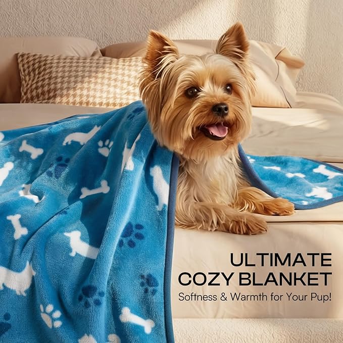 Luciphia 1 Pack 3 Blankets, Cute Dog Printed Fluffy Fleece Pet Blanket for Dogs Cats Washable, Warm Soft Throw Cover for Crate Couch, Gifts Puppy Essentials, Blue/Grey/Khaki, Large (41x31 inch)