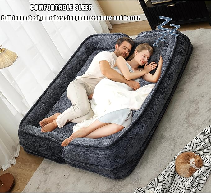 Double Human Dog Bed for Adult and Kids, Comfy Foldable Lazy Floor Loveseat Sofa Bed with 5 Adjustable Position, Upholstered Floor Bean Bag Lounger Chair for Bedroom, Living Room,Office (Dark Gray.)
