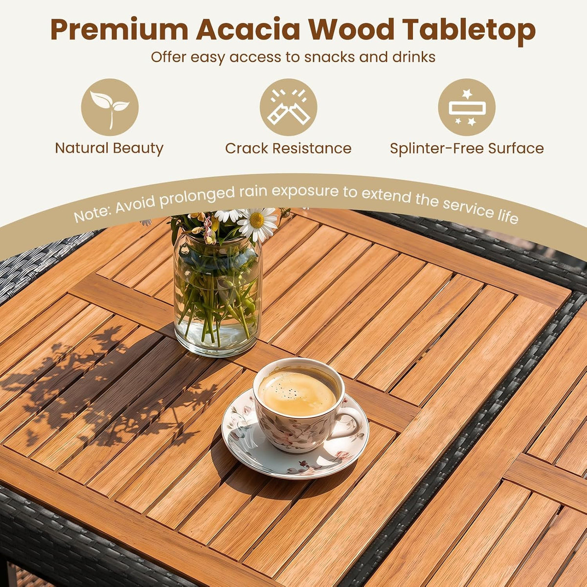 RELAX4LIFE 5-Piece Outdoor Bar Set - Wicker Rattan Bar Height Dining Table w/Acacia Wood Top 4 Bar Stools Chairs Seat Cushions Backrest Footrest Outside Patio Bistro Set for Backyard (Brown, 7-Piece)