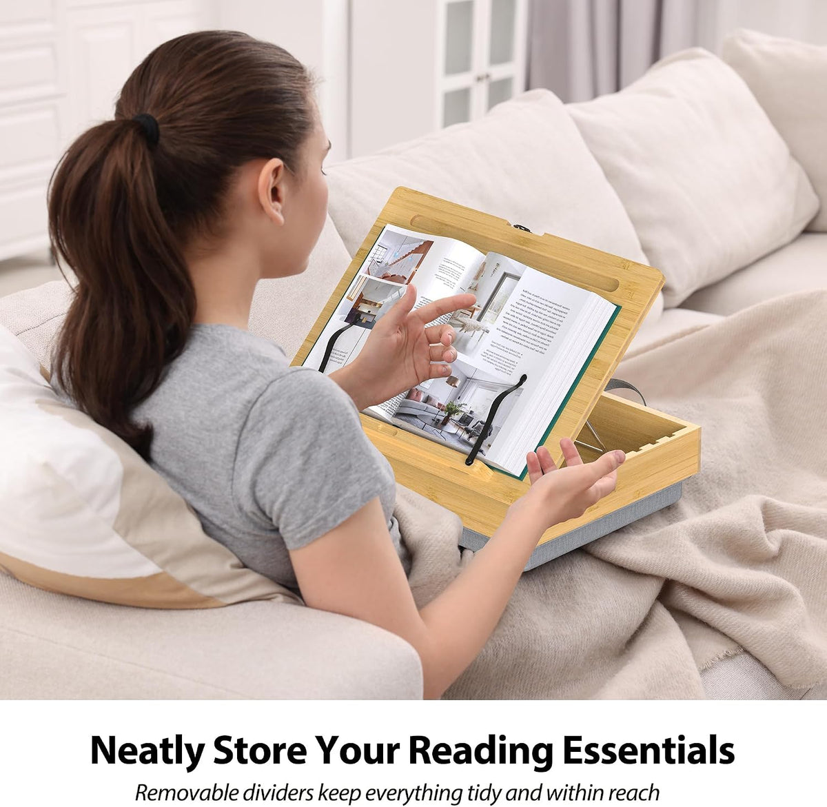 AboveTEK Book Stand for Reading with Storage, Adjustable Bamboo Book Holder with Soft Lap Cushion, Cookbook Stand, Hands-Free Book Reading Stand for Bed, Desktop & Kitchen Counter