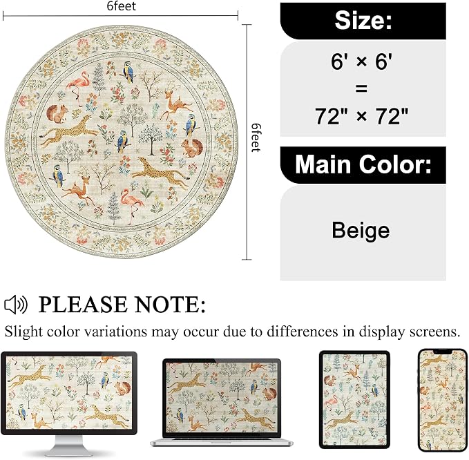 DUKINO 6ft Round Rug for Bedroom, Animal Print Washable Circle Rug