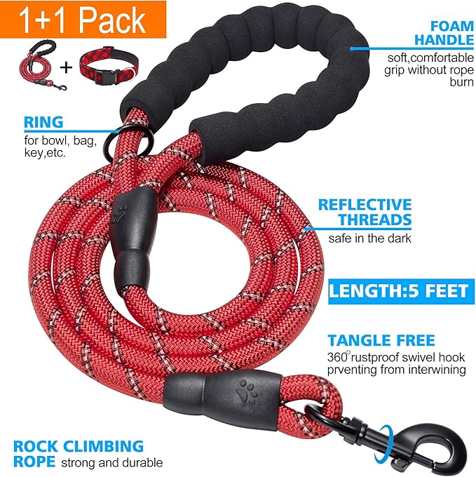 Reflective Dog Collar Padded with Soft Neoprene Breathable Adjustable Nylon Dog Collars for Small Medium Large Dogs (Large (Pack of 1), Red Plaid Collar+Leash)