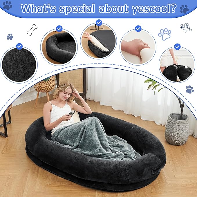 Human Dog Bed - 72"x48"x10" Large Gaint Shared Bed for Adult - Flufelbed Standard Cloud Bed for Humans and Dogs - Nap Bed Bean Bag Bed Faux Fur Fluffy Orthopedic Pet Bed Large Black