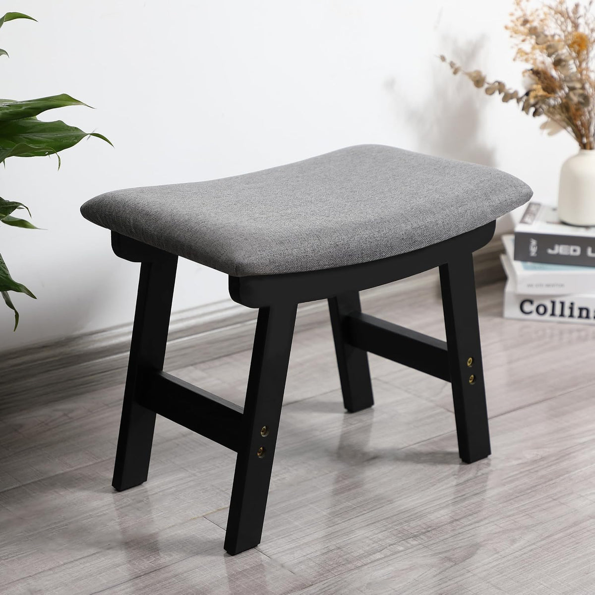 BAMBOO LAND- Bamboo Foot Stools Ottoman, Gray Cushion & Black Wood Legs, Small Ottoman Foot Rest for Couch