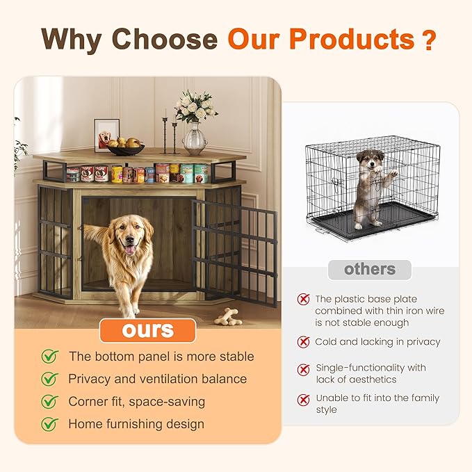 51" Corner Dog Crate Furniture, Wooden Dog Kennel Furniture with 2-Tier Shelves, Decorative Wood Dog House for Small/Medium/Large Dog, Space-Saving Dog Cage for TV Stand（Oak）