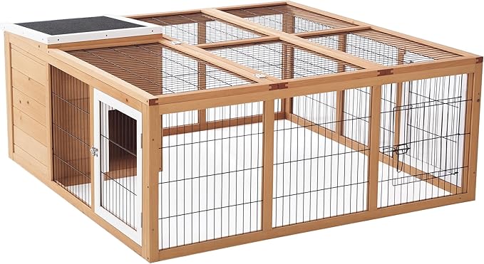 PawHut Rabbit Hutch Bunny Cage with Openable Main House, Indoor Outdoor Waterproof Rabbit House, Guinea Pig Cage for Small Animals with Three Ventilation Doors, Natural