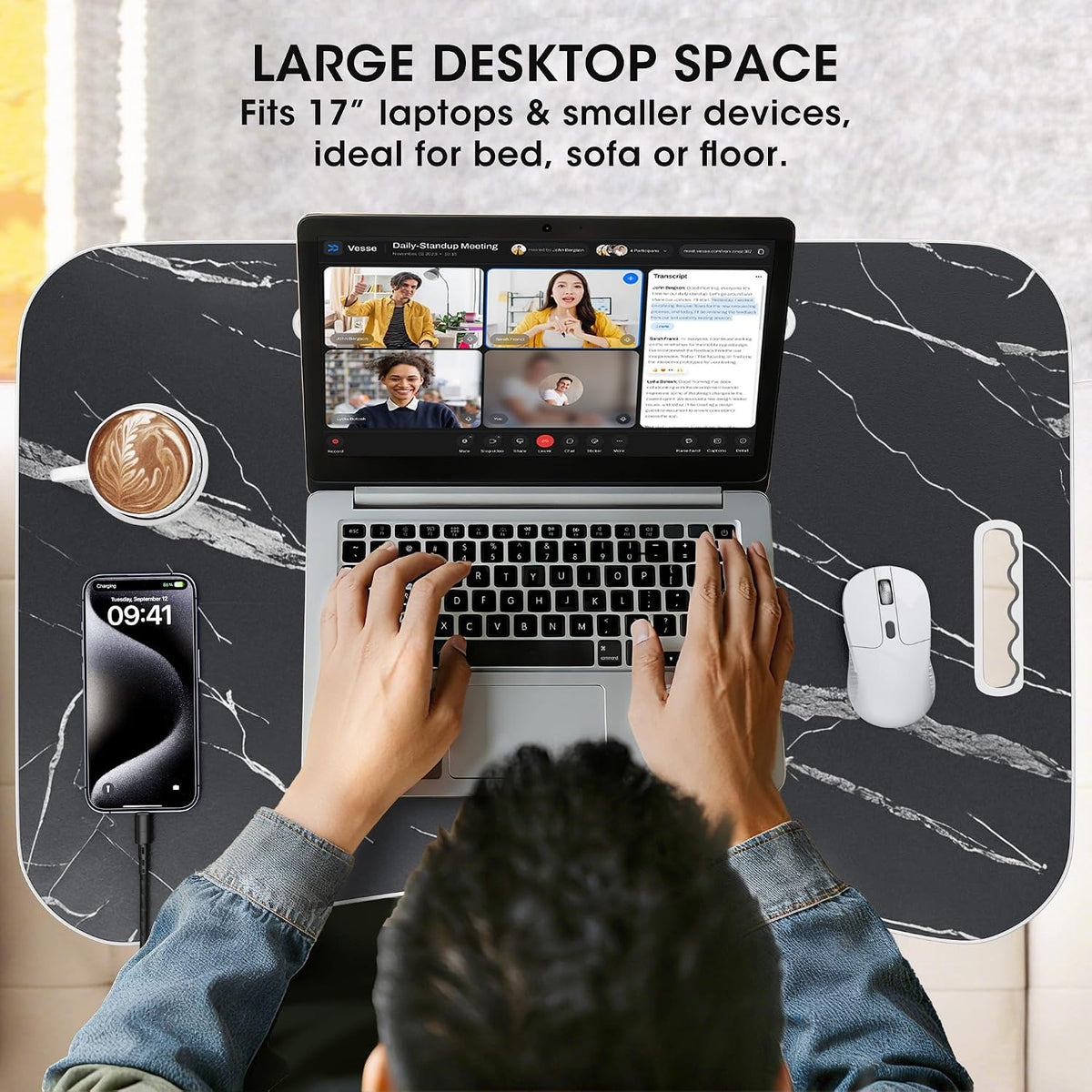 Folding Lap Desk, 23.6 Inch Wood Laptop Bed Desk with Cup Holder, Portable Bed Table for Working Writing Reading & Eating for Bed, Sofa, Couch, Floor - Dark Black