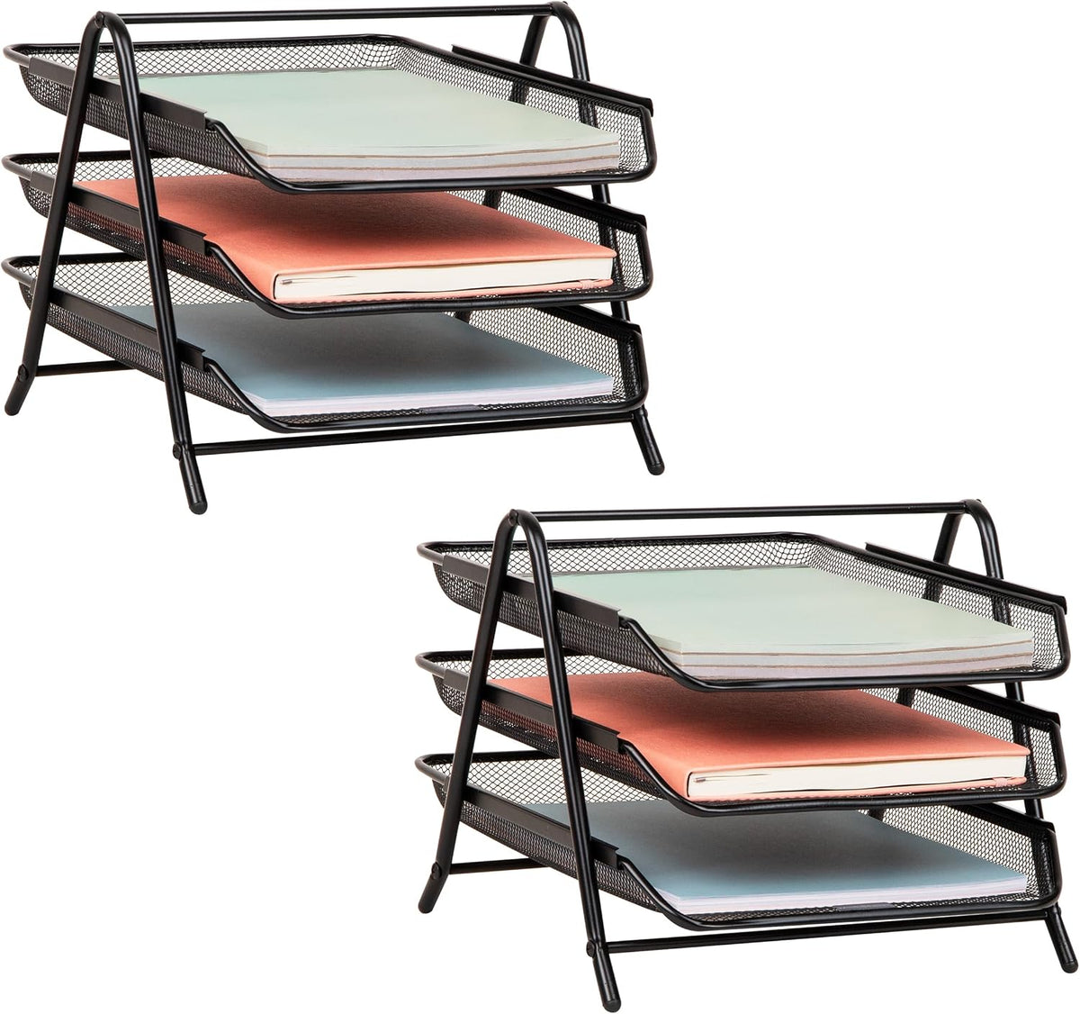 Mind Reader 3-Tier Paper Tray, Desktop Organizer, File Storage, Office, Metal Mesh, 11.75" L x 13.75" W x 10" H, Set of 2, Black