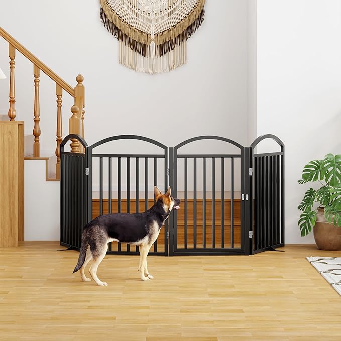 Folding No-Assembly Freestanding Dog Gate with Door,32" Heights Foldable Pet Fence,96" Extra Wide Accordion Puppy Folding Playpen for Doorways,House,Stairs (4 Panels,Black)
