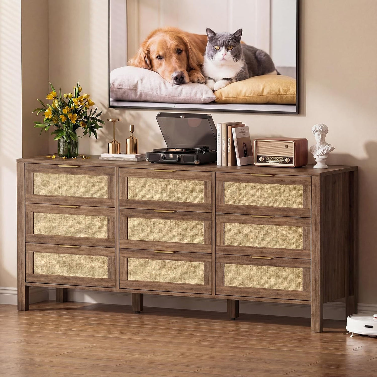9 Drawer Double Dresser,Wood Dresser,Modern Wooden Storage Cabinet,Chest of Drawers for Bedroom, Living Room, Entryway (Brown-9 Drawer)