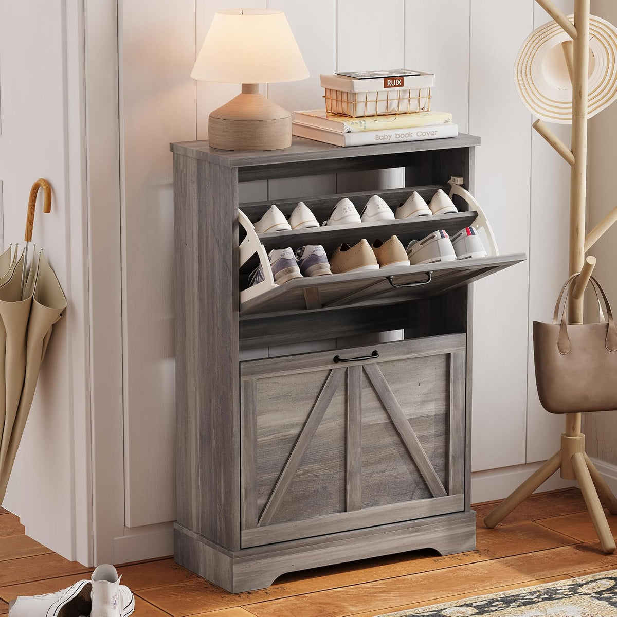 Semiocthome Farmhouse Shoe Storage Cabinet with 2 Flip Drawers, 23.6"(W) Freestanding Shoe Organizer with Barn Door and Metal Handles for Entryway, Rustic Narrow Slim Shoe Rack Cabinet - Washed Gray