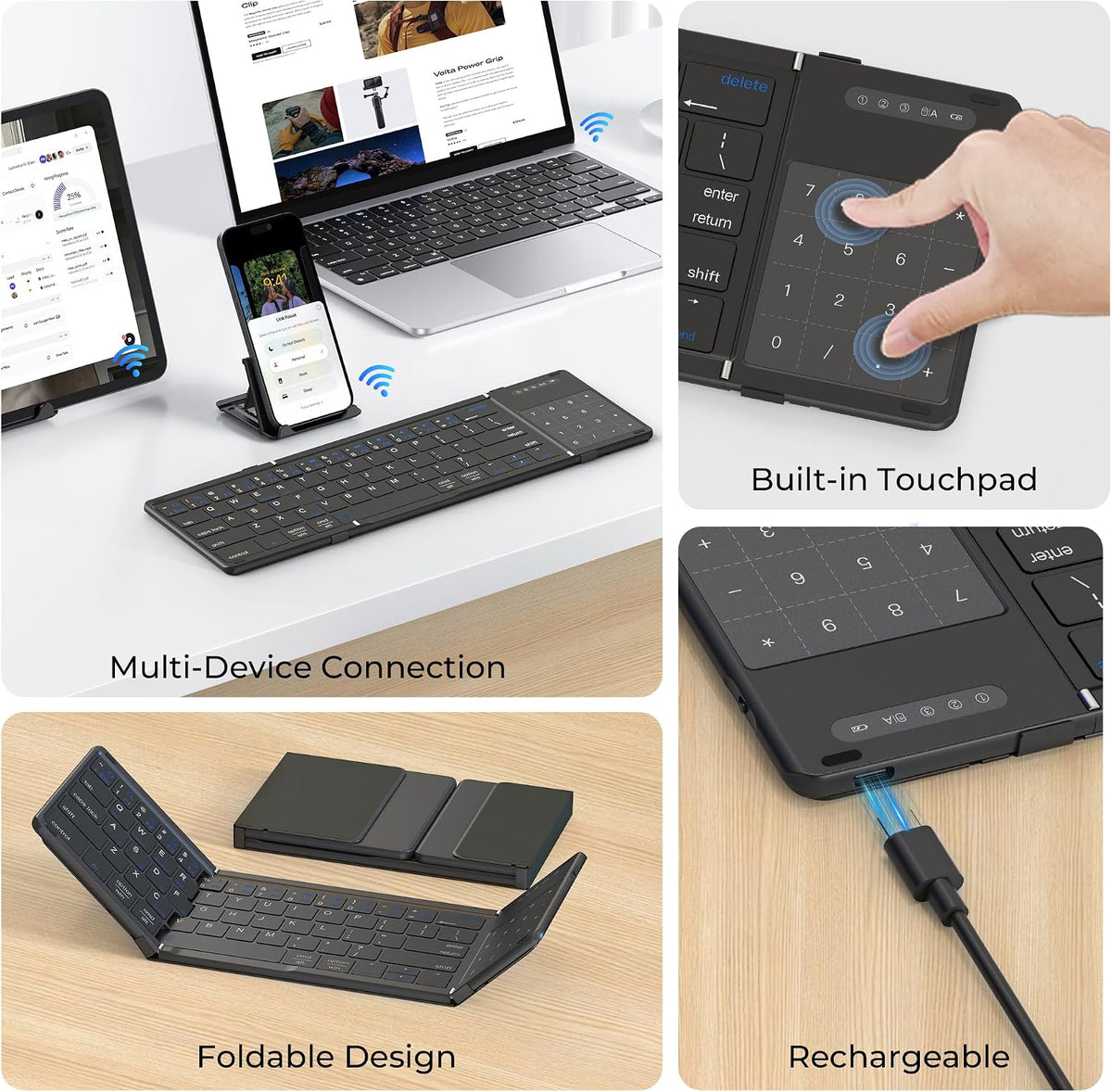MOSHOU Foldable Bluetooth Keyboard with Trackpad & Numpad, 2.4G, Black
