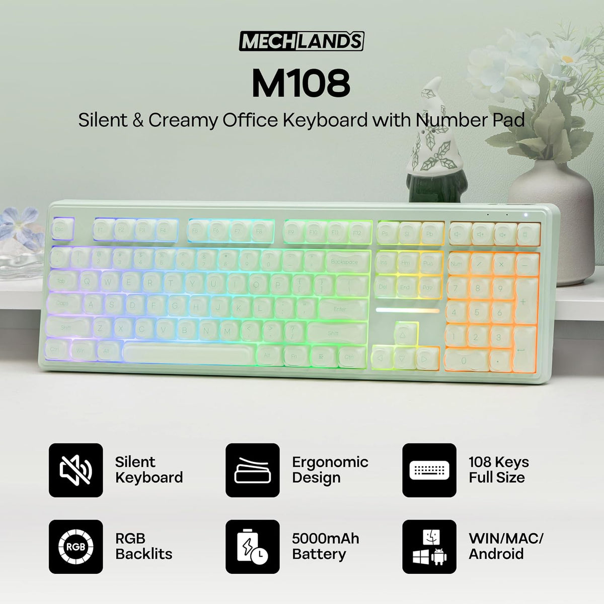 MechLands M108 100% Full Size Silent Office Keyboard with Number Pad