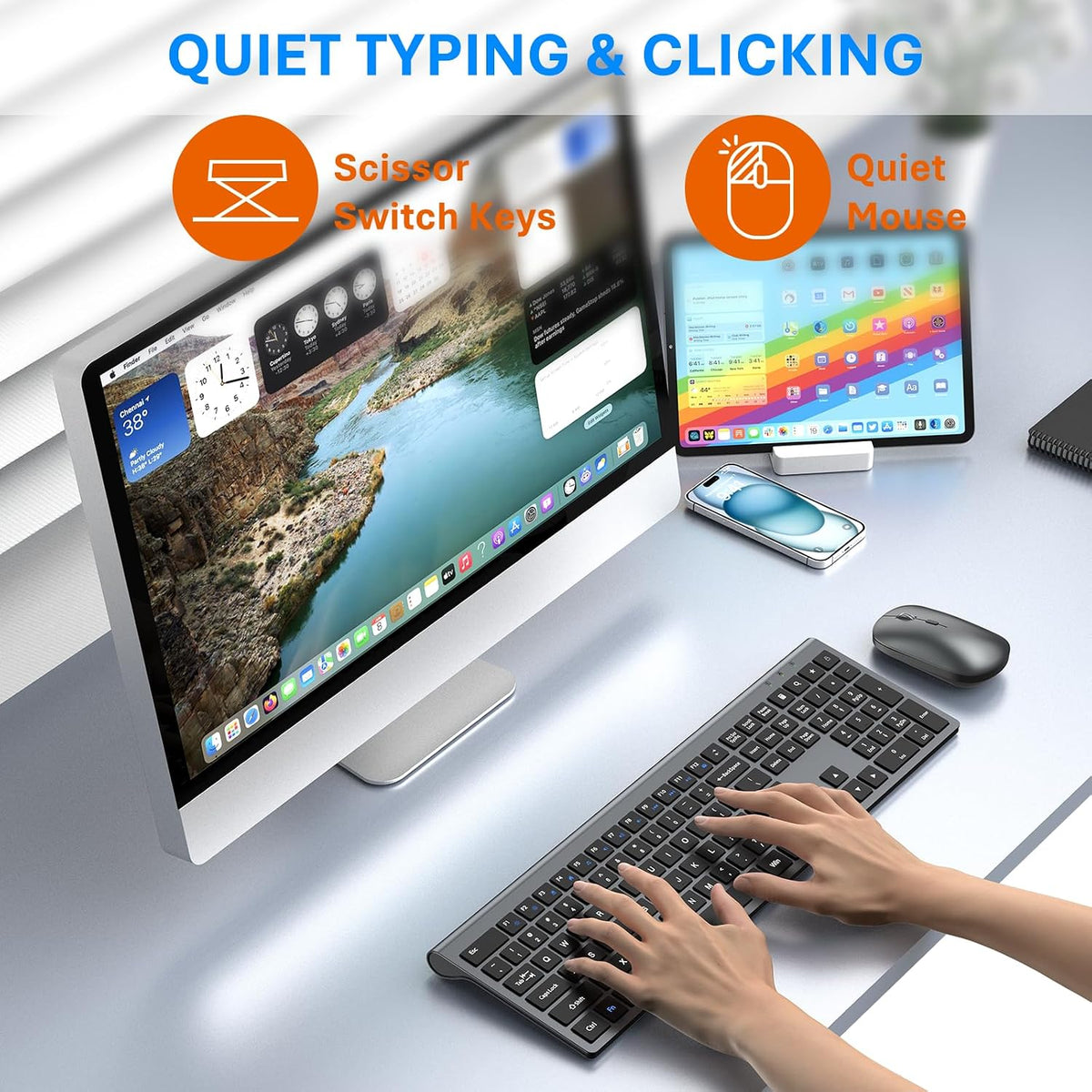 Wireless Keyboard and Mouse Combo, Ultra Slim Full Size Silent Keyboard