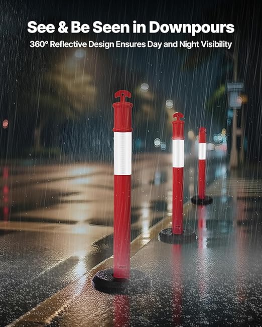 VEVOR 2 Pack Traffic Delineator Posts, 48 inches Traffic Safety Cones with Fillable Base and Reflective Strips, Heavy Duty Delineator Posts for Construction Site, Parking Lot, Crowd Control, Red