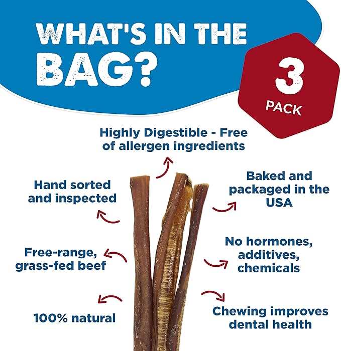 Best Bully Sticks 12 Inch Bully Sticks for Dogs - 3 Count (Pack of 1) - Natural, Easily Digestible, Grass-Fed Beef, Grain and Rawhide Free - Trial Size