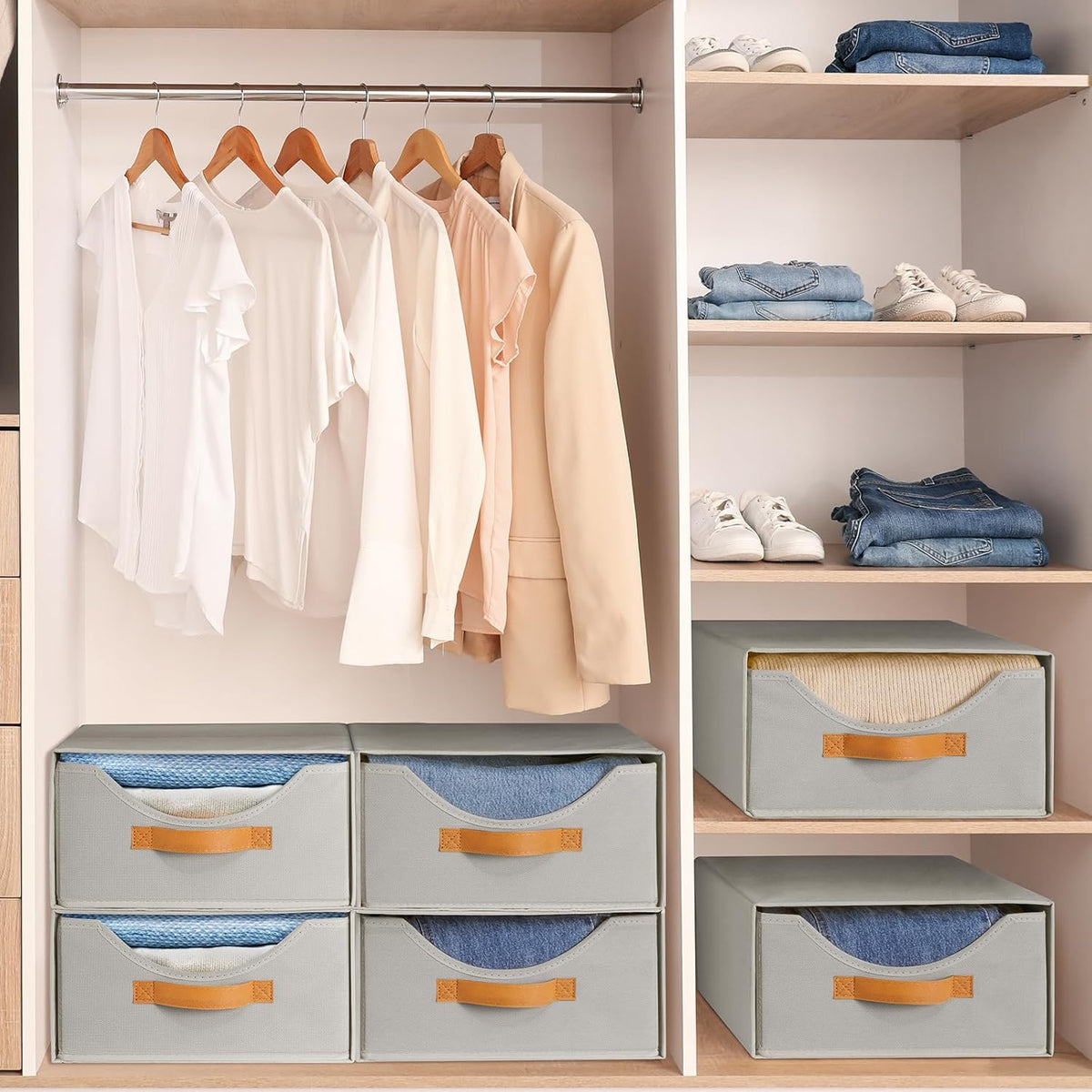4 Pcs Pull-Out Stackable Storage Drawers for Closet, Grey