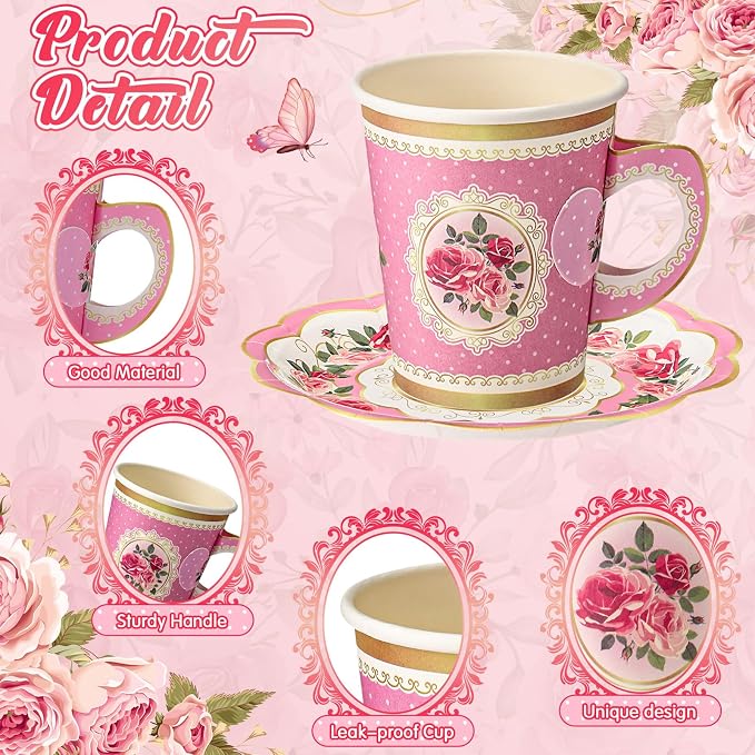 Tioncy 100 Pcs Tea Party Decorations Include 50 Pieces 9 oz Paper Tea Cups