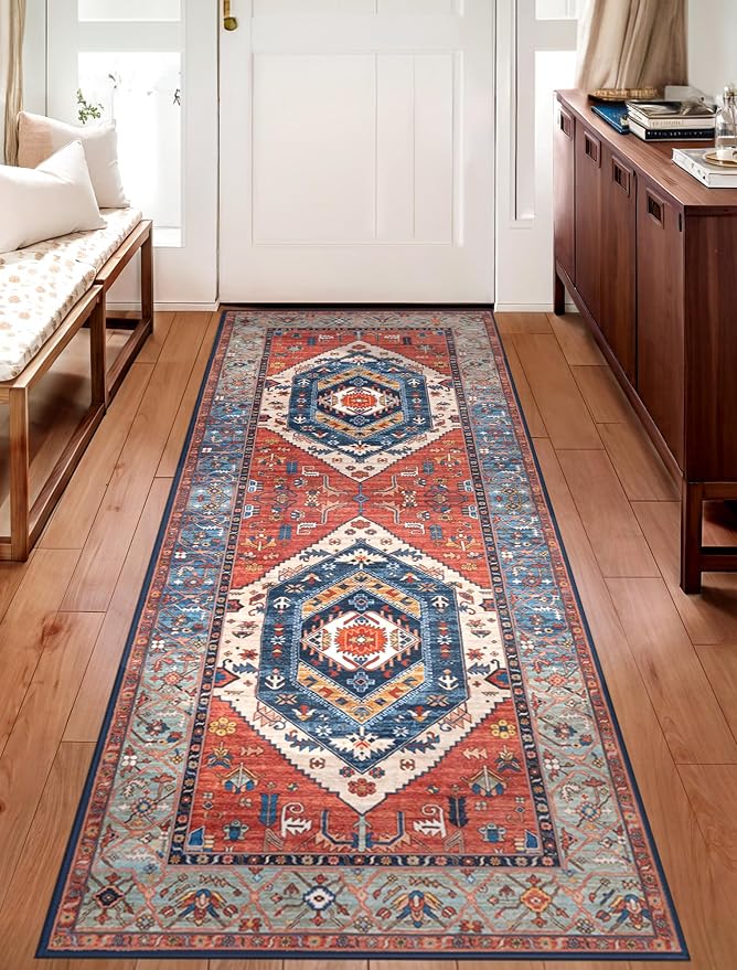 SERISSA Boho Washable Runner Rug, 2x5 Non-Slip Vintage Rust Hallway Kitchen