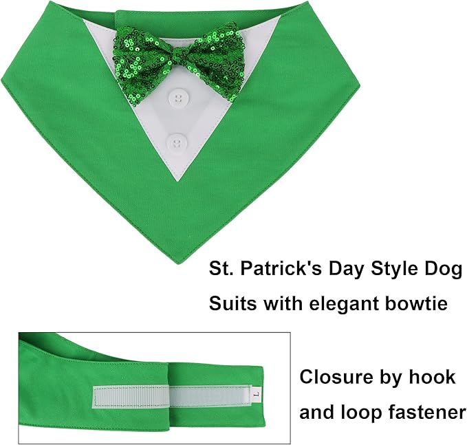 ADOGGYGO St.Patrick's Day Dog Tuxedo Bandana, Green Pet Tux Collar with Bowtie Adjustable St Patricks Costume for Medium Dogs Pets (M)