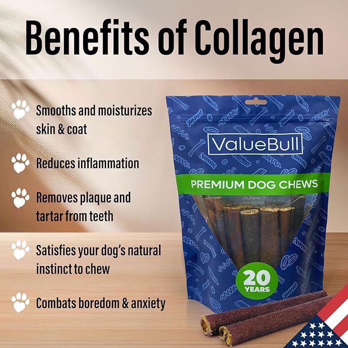 ValueBull USA Collagen Sticks for Dogs, 6 Inch Super Jumbo Chews, Natural Long-Lasting Dog Treats, 25 Count - Promotes Joint, Skin & Coat Health with Glucosamine and Chondroitin