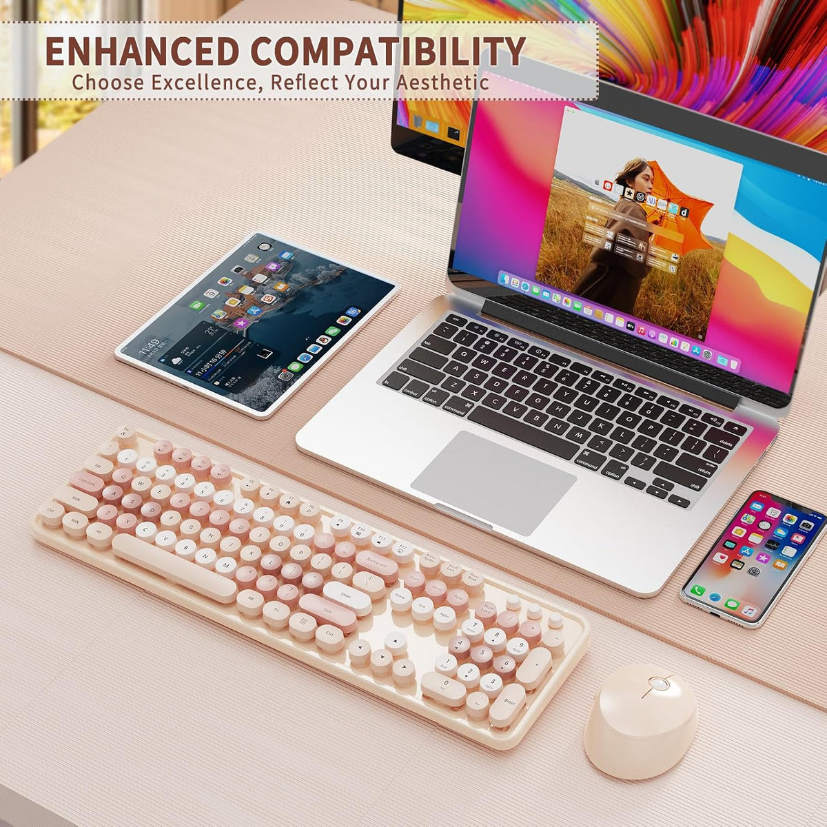 HotFox Wireless Keyboard and Mouse Combo, Full-Size Retro Typewriter Keyboard with Round Keycaps, Ergonomic Design for Windows PC, Home and Office Use -Brown