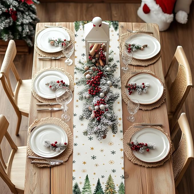 Christmas Table Runner 13x60 Inch, Xmas Tees Snowflakes Holiday Decorative