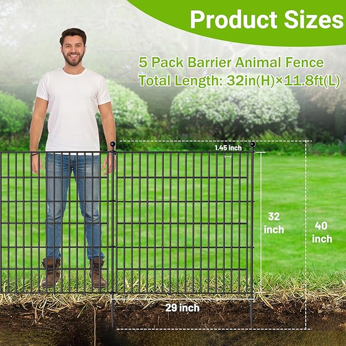 5 Panels No Dig Decorative Outdoor Garden Fence for Yard, 32 in(H) X 11.8 ft(L) Animal Barrier Fencing Rustproof Metal Wire Panel Border for Dog, Rabbits, and Patio Temporary Ground Stakes