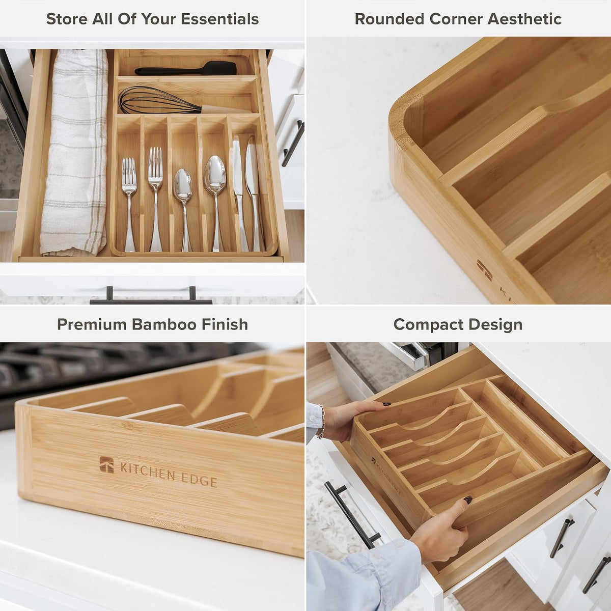 KitchenEdge Silverware & Utensil Organizer, Fixed 10.5 in, Bamboo