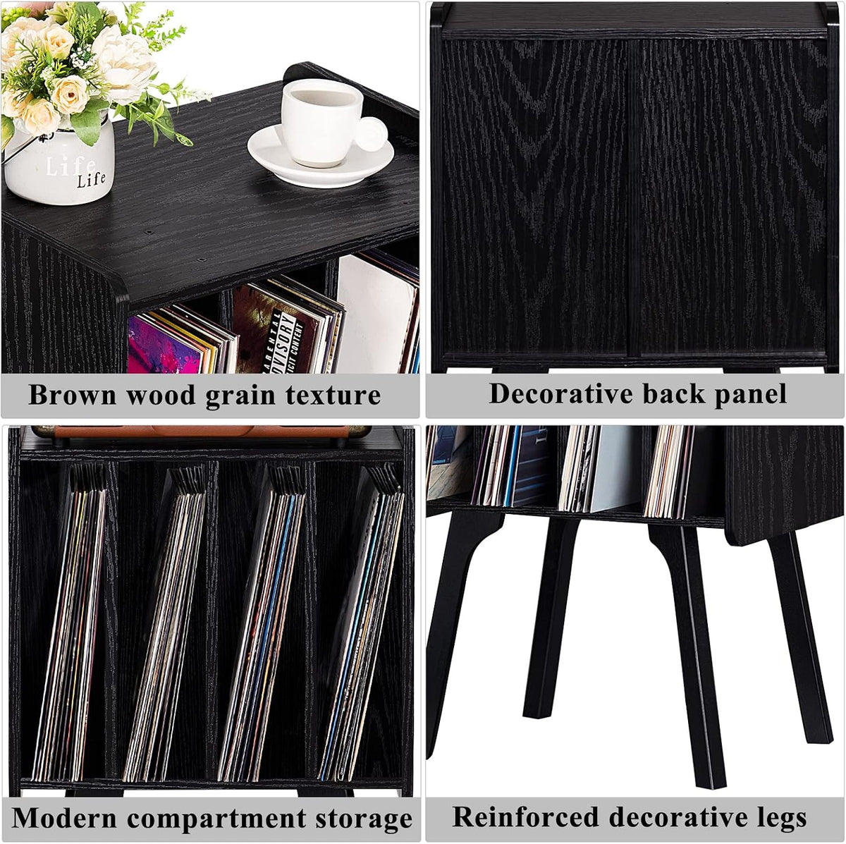 LELELINKY Small Record Player Stand, 4 Cabinet Vinyl Storage Table, Black