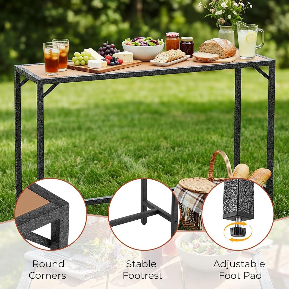 TLSUNNY 55" Patio Bar Table, Sturdy Outdoor Counter Height Table, Teak