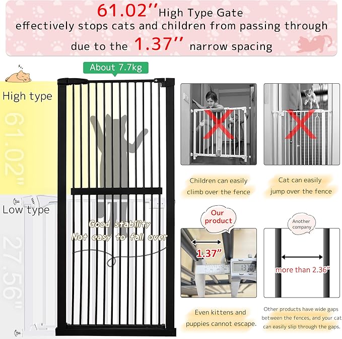 Lumizone Extra Tall Cat Gate 61.02" High Pressure Mounted Extra Wide 59.25"-63.38" (17Sizes) 1.37" Gap No Drilling Auto-Close Tall Pet Gate for Dogs (Black, 59.25"-63.38" W)