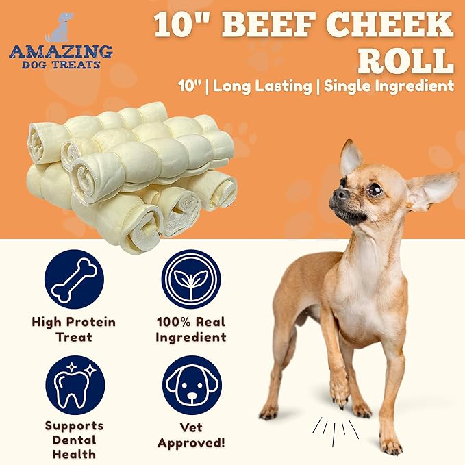 Amazing Dog Treats - Beef Cheek Rolls (Mega Thick 10" - 3 Pcs) - Safe Rawhide Alternative Dog Chew - Great for Power Chewers - Long Lasting Dog Chew - Retriever Rolls for Dogs