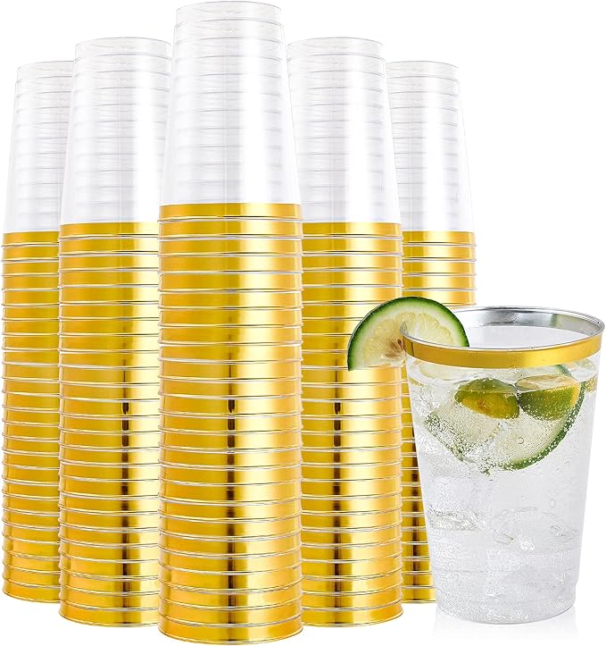 FOCUSLINE 200 Pack 12 oz Gold Rimmed Plastic Cups, Heavy-duty & Fancy