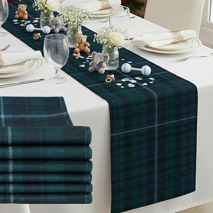 Gilprop 6 Pcs 72 x 13'' Tartan Plaid Bear Babyshower Table Runner Vintage