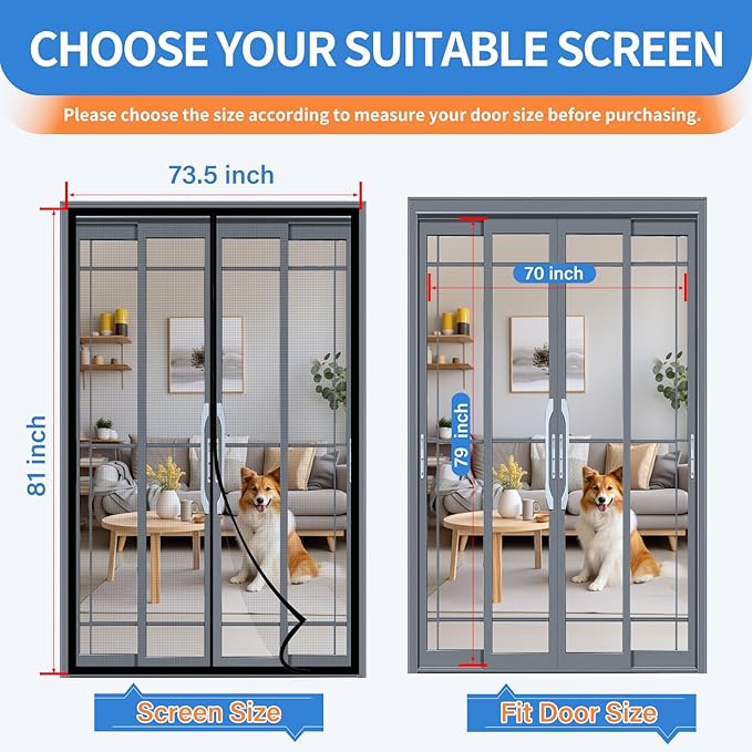 Upgraded PET Mesh Magnetic Screen Door Stronger Than Fiberglass and Polyester,Hands Free,Keep Bugs Out,Pet & Kid Friendly,Suitable for Sliding Doors,Patio and French Doors-70" X 79"