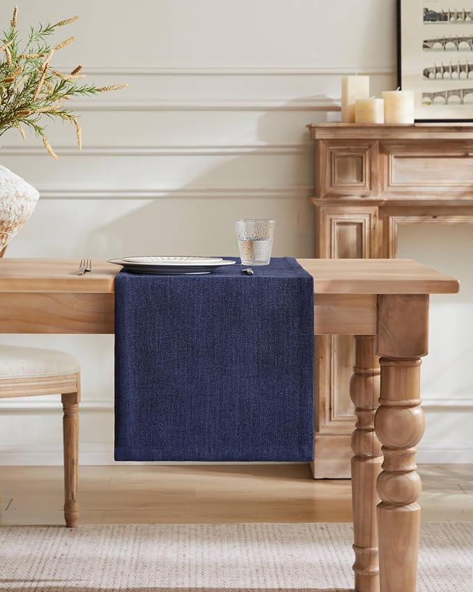 Burlap Style Farmhouse Table Runner, 14x36 Inches Navy | Thick Durable Fabric