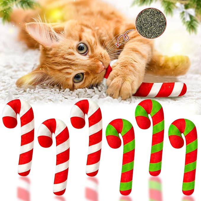 MALLMALL6 6Pcs Christmas Candy Cane Catnip Toys Gift for Cat, Indoor Cat Chew Bite Kick Catmint Pet Toys Supplies for Cat Lover Xmas Gifts, Cute Interactive Cat Toy for Pet Presents