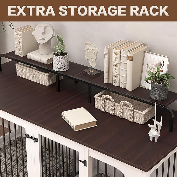 Large Dog Kennel Furniture for 2 Dogs,74.8'' XXL Wooden Double Dog Crates Cage Furniture Style with Divider for Large Breed with Storage Rack Shelf TV Stand Table Indoor,White