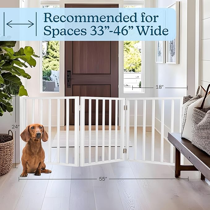 Pet Gate - 3-Panel Indoor Foldable Dog Fence for Stairs, Hallways or Doorways - 54x24-Inch Retractable Wood Freestanding Dog Gates by PETMAKER (White)