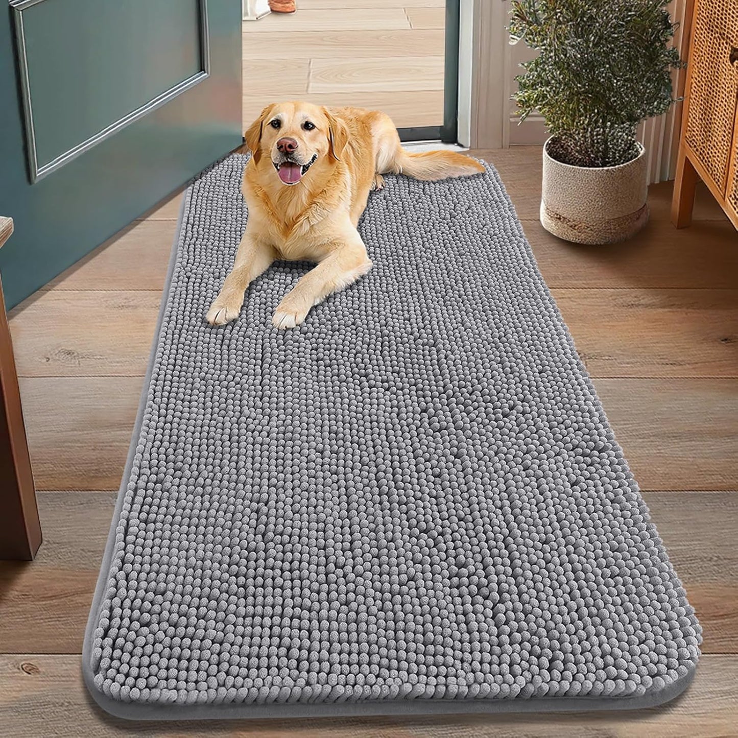 Smiry Dog Door Mat for Muddy Paws 48x30, Absorbs Moisture and Dirt Doormat, Non-Slip Washable Quick Dry Chenille Front Door Mat Indoor Entrance, Entryway Carpet for Inside Floor, Grey